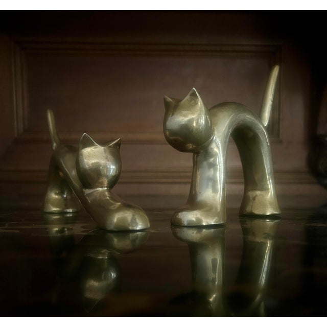 Vintage Mid-Century Brass Stretching Cats Pair For Sale - Image 6 of 7