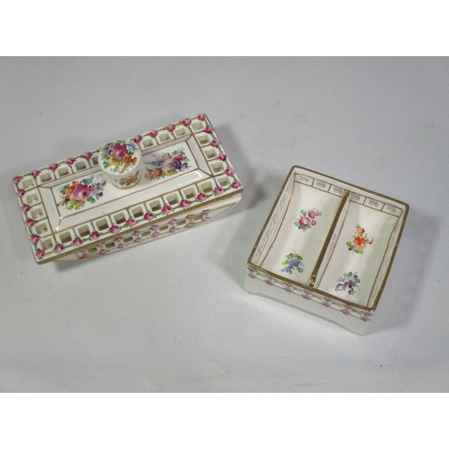 An antique hand painted porcelain desk set consisting of a blotter and organizer. Made in Dresden Germany in the late 19th...