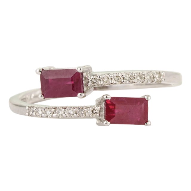 Contemporary 14k White Gold Ruby & Diamond Open Bypass Ring Size 5.5 For Sale