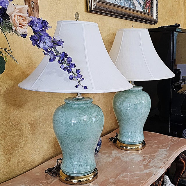 Pair of Vintage Celadon Glazed Ceramic Ginger Jar Table Lamps For Sale - Image 11 of 18