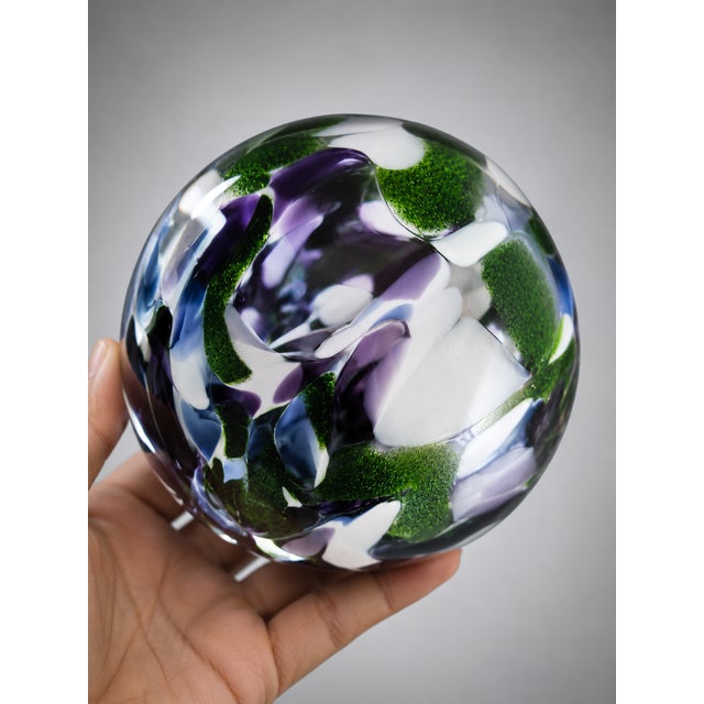 Glass Pyromania Oregon Float Hand Blown Art Glass Orb Ball Paperweight Blue Green Purple Studio Glass Sculpture Coastal Decor Gift 4.5" For Sale - Image 7 of 9