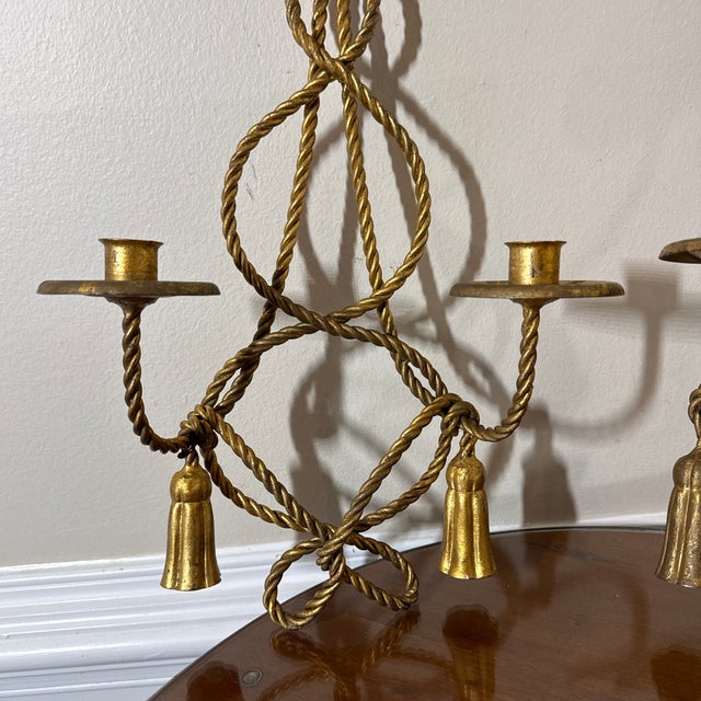 Vintage Pair Brass Rope Tassel Wall Sconces Hollywood Regency Candle Holders For Sale - Image 4 of 9