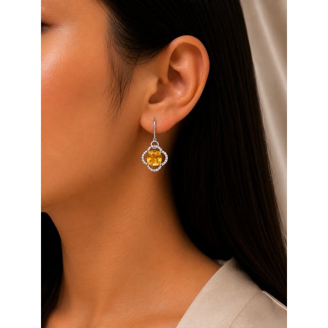 Contemporary Late 20th Century Pair of 18K White Gold Diamond Citrine Hanging Earrings For Sale - Image 3 of 3