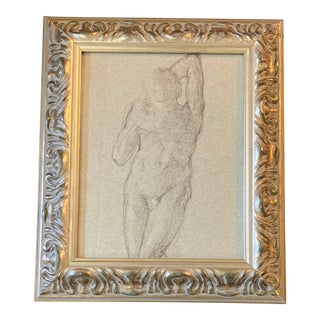 1940’s Original Vintage Male Nude Classical Charcoal Study Drawing Ornate Silver Frame For Sale