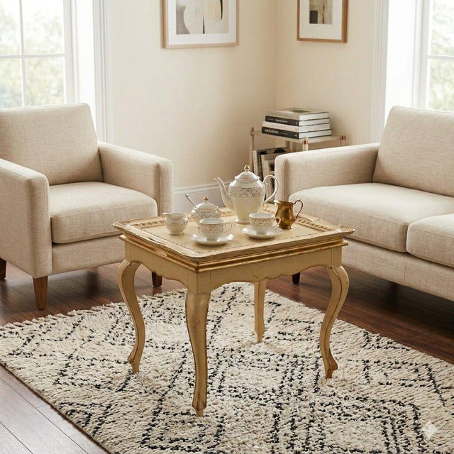 Small antique table. The top rests on four curved legs, culminating in a curl. The removable tray, carved with scrolls and...