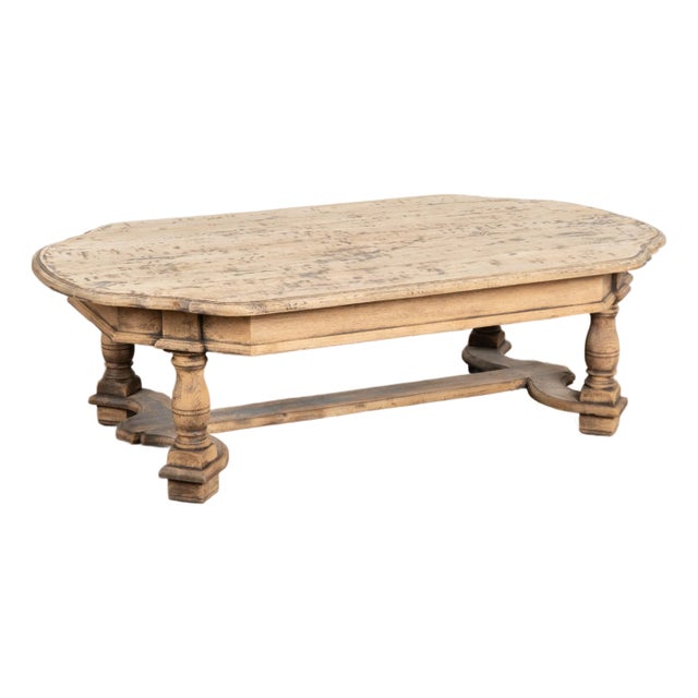 20th Century French Bleached Oak Coffee Table With Trestle Base For Sale