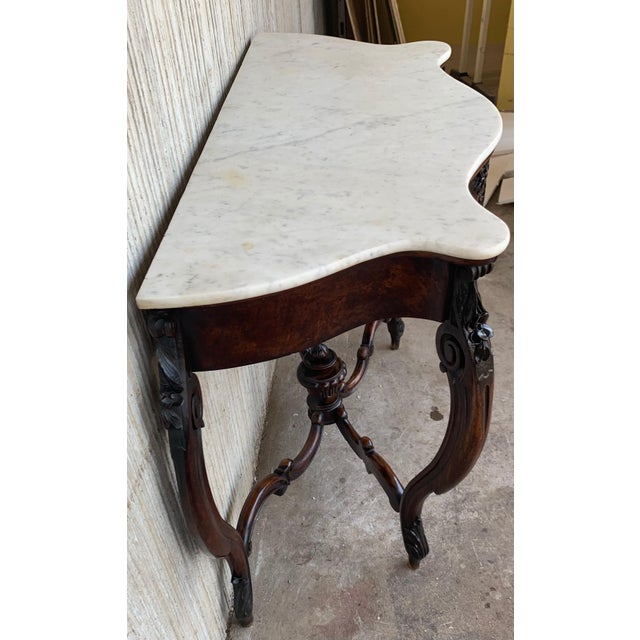 Wood 19th French Regency Carved Walnut Console Table with Drawer & Marble Top For Sale - Image 7 of 18
