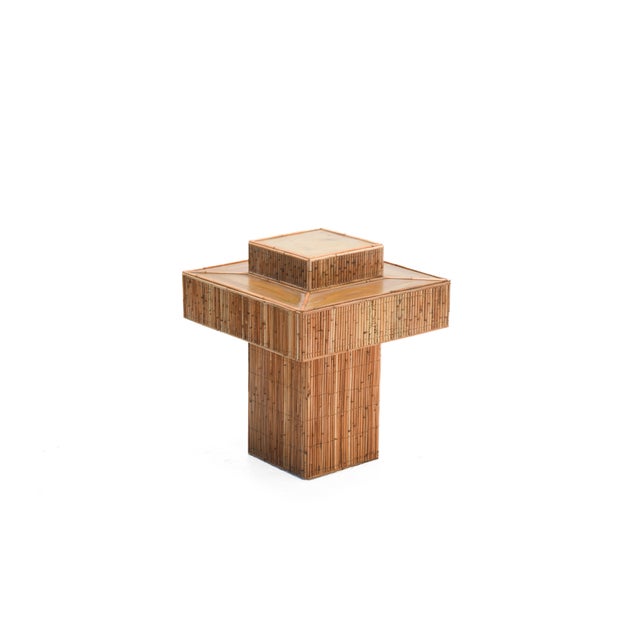 Mid-Century Modern Rattan Prism Side Table, Hand-Crafted, Mid-Century Modern, Brass Top For Sale - Image 3 of 8