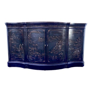 Ethan Allen Black Lacquered Chinoiserie “Vivianne” Serpentine Console With Gold Painted Accents For Sale