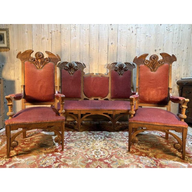 Wood Art Nouveau Style Sofa and Chairs in Walnut, Set of 3 For Sale - Image 7 of 7