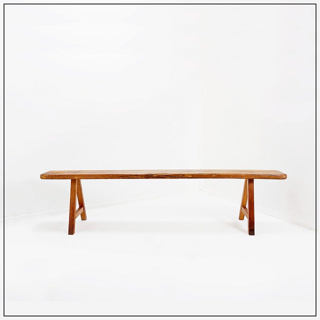 Rustic Rustic Wood Farmhouse Bench with Trestle Legs, 1960s For Sale - Image 3 of 18