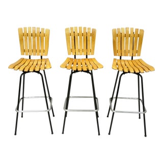 Mid Century Wooden Slat Metal Frame Arthur Umanoff Style Barstools - Set of 3 For Sale