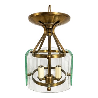 1930s Streamline Moderne Brass & Curved Glass Ceiling Light For Sale