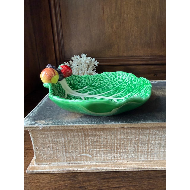 Vintage Gift Ideas Creation Japan Green Cabbage Leaf Serving Dish, Mid Century Ceramic Tidbit Tray, Fruit Motif Majolica For Sale In Chicago - Image 6 of 9