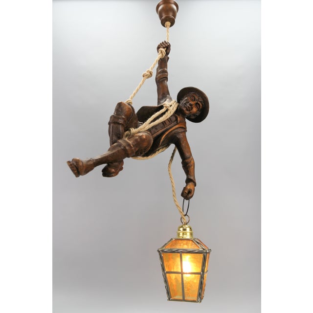 Large German Pendant Light Fixture with Carved Climber Figure and Lantern, 1930s For Sale - Image 11 of 18