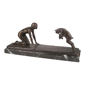 Art Déco Patinated Bronze Sculpture of a Girl and a Jumping Goat With Marble Base by Paul Silvestre for Susse Frères