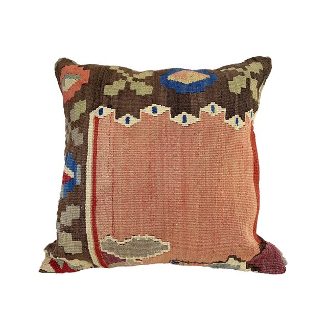 A superb custom made old Turkish Tribal Persian kilim rug pillow in amazing colors and geometric design. Backed in brown...