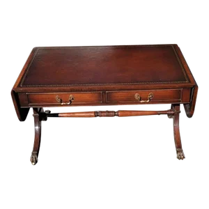 George Iii Style Two-Drawer Mahogany and Leather Top Inset Drop Leaf Coffee Table on Wheels