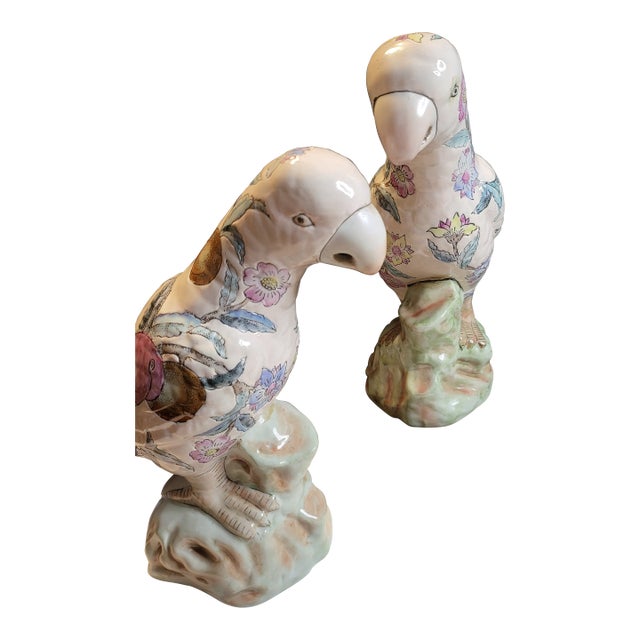 Mid Century Modern Famille Rose Style Parrot Figurines - Hand Painted For Sale