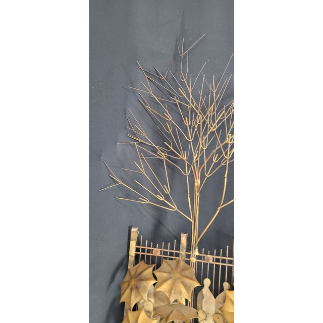 1970s 1970s Brutalist Brass Wall Sculpture — Rainy Day Bus Stop Scene, Tree & Umbrella Figures, Jere Style For Sale - Image 5 of 11