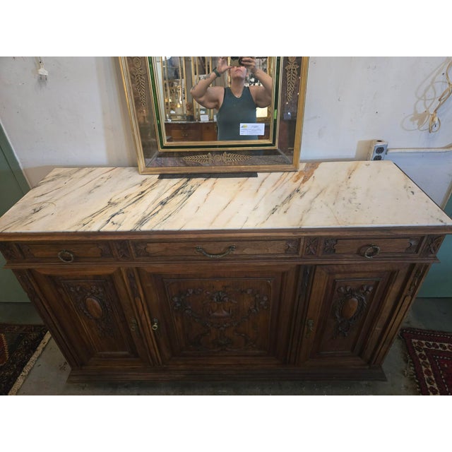 French Antique French Louis XVI Style Walnut Sideboard / Buffet With Marble Top 3-Door Cabinet For Sale - Image 3 of 11