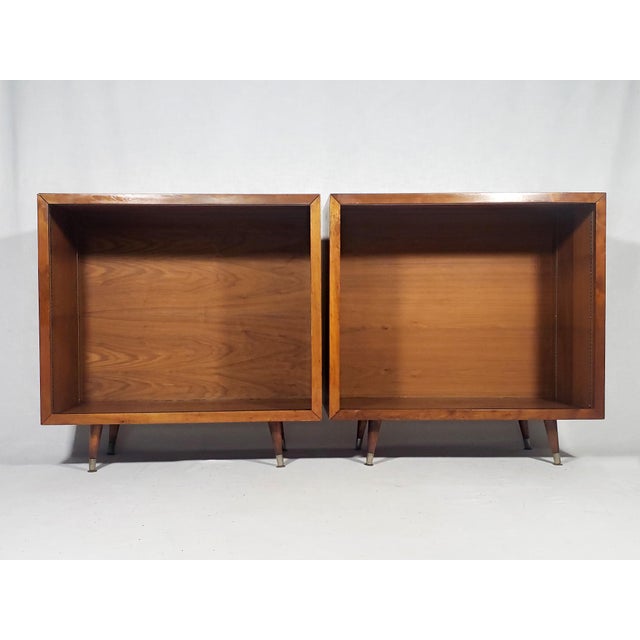 Chestnut Pair of Vintage Original Mid-Century Modern Walnut Finish All Wood Display Cabinets With Adjustable Shelves and Sliding Wire Glass Doors For Sale - Image 8 of 18