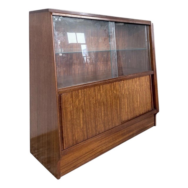Mid-Century Sliding Door Display Bookcase with Adjustable Glass Shelves For Sale