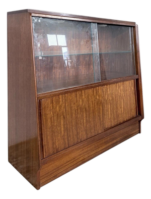 Mid-Century Sliding Door Display Bookcase with Adjustable Glass Shelves