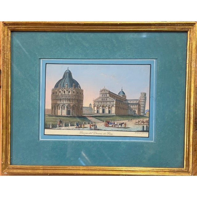 Late 19th Century !9th Century Antique Italian Engravings in Gilt Wood Frames and Pretty Blue Mats For Sale - Image 5 of 14