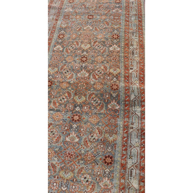 Antique Persian Malayer Runner With Allover Motif's in Soft Blue Field 3'4 X17'0 For Sale - Image 4 of 12