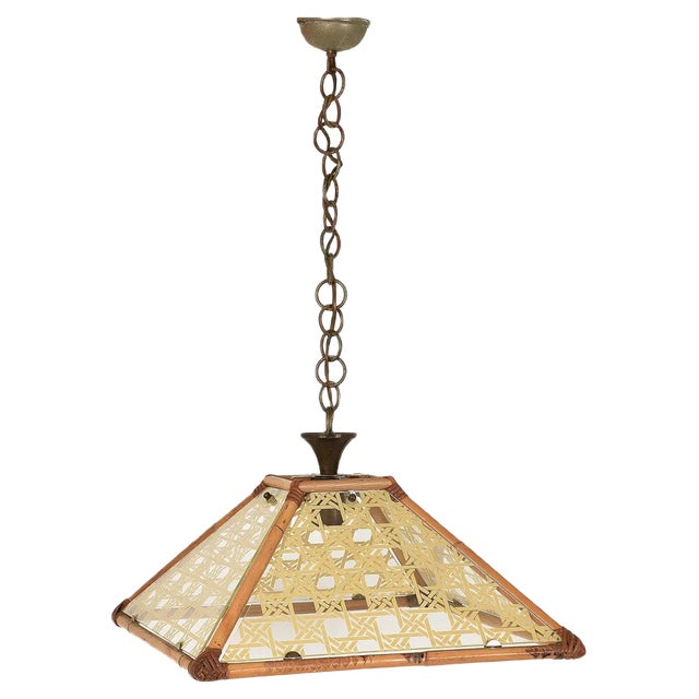 Glass, Rattan, Bamboo & Brass Pendant Light, Italy, 1970s For Sale