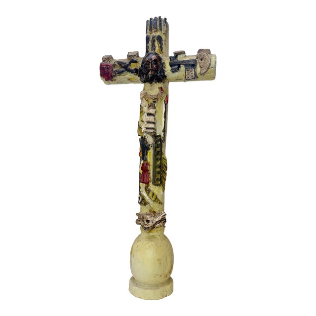 Large 1700's Antique Polychromed Carved Folk Art Wood Religious Crucifix Cross For Sale