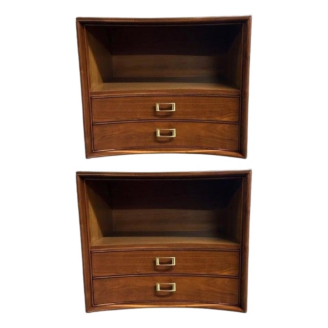 Paul Frankl, Mid-Century Modern, Concave Nightstands, Walnut, Brass, Usa 1950s For Sale