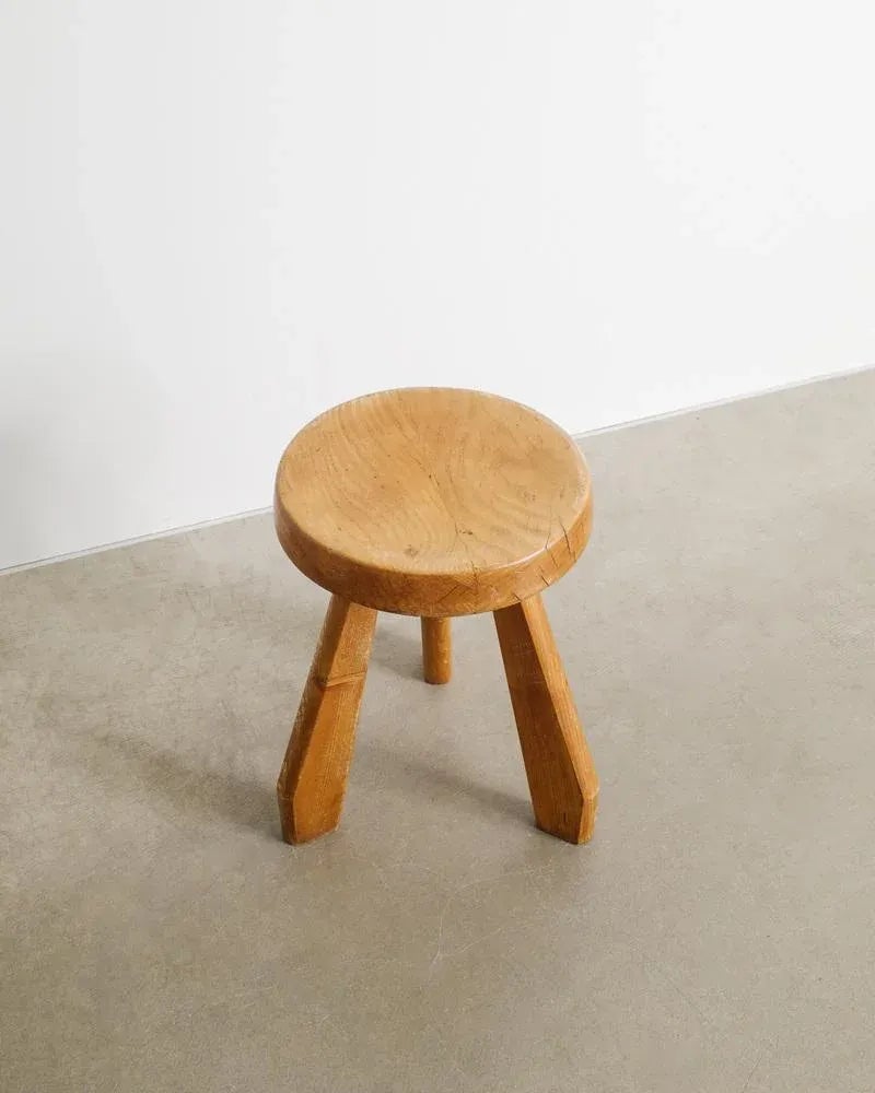 French Mid Century Wooden Tripod Sandoz Pine Stool by Charlotte