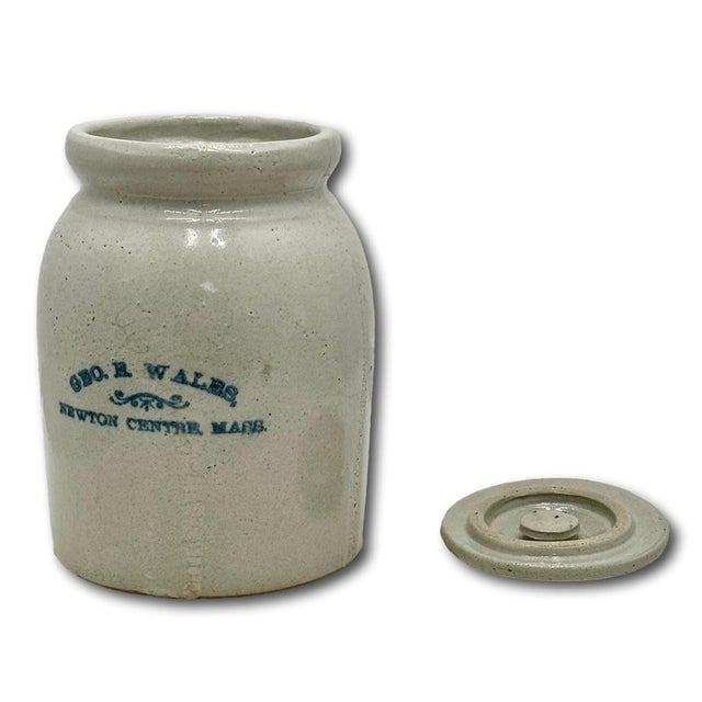 American Antique Massachusetts 1 Quart Size Stoneware Oyster Crock - Jar With Hard to Find Original Lid - Circa 1890s For Sale - Image 3 of 18