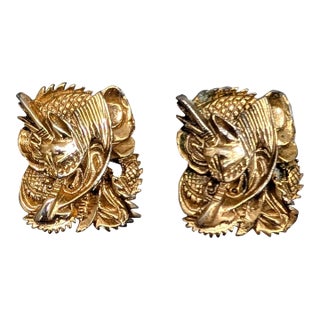 Vintage 1972 Signed Napier Goldtone Manchu Dragon Clip Earrings-2 Pieces For Sale