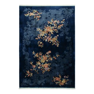 Antique Chinese Art Deco Rug, Midnight Blue Field With Floral Sprays - Rug & Kilim For Sale