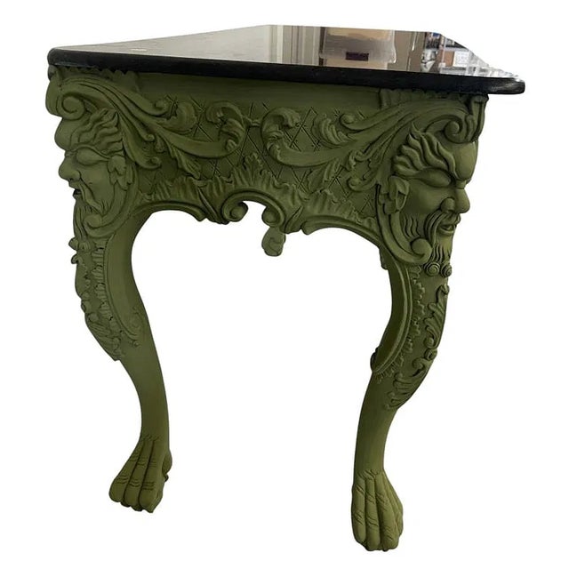Antique Style Carved Green Wood Marble Top Console Table. For Sale - Image 4 of 4