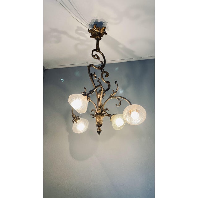 Art Nouveau Golden Chandelier with Frosted Glass Shades For Sale - Image 15 of 18