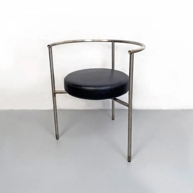 Italian post modern cockpit shape leather and steel side chair, 1980s Chair or small armchair with round seat in black sky...