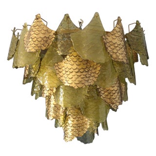 Green and Gold Murano Glass Chandelier with Scale Decoration, 2000s For Sale