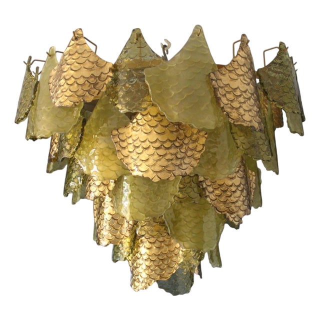 Green and Gold Murano Glass Chandelier with Scale Decoration, 2000s For Sale
