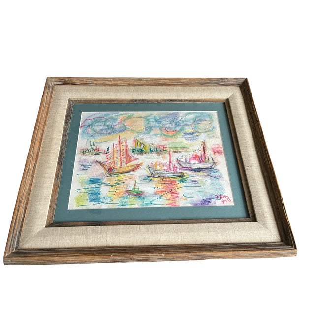 Wood Vibrant Pastel Sailboat Seascape in Wood & Linen Frame – Signed & Dated 1979 For Sale - Image 7 of 10