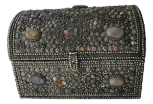 Vintage Indian Wedding Silvered Jewelry Chest With Semi-Precious Stones