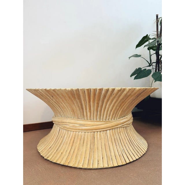 Organic, stylized modern design crafted of natural rattan stalks, corset & bound by overlapping rattan 'ties', Base can...
