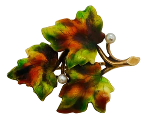 1900-1909 14k Gold Antique Art Nouveau Enamel & Seed Pearl Leaf Brooch