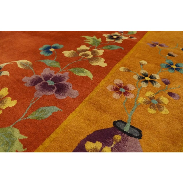 Textile 1920s Orange Pumpkin Floral Antique Chinese Art Deco Carpet 9' X 11' 6" Knotted Wool Rug For Sale - Image 7 of 12