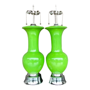 Vintage Regency Apple Green Glazed Ceramic Lamps - a Pair