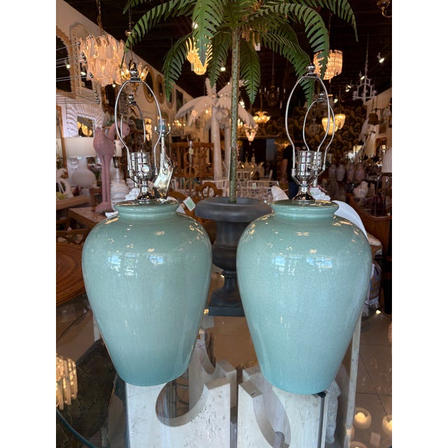 Vintage Pair Green Crackle Porcelain Ceramic Table Lamps Brass Newly Wired For Sale In West Palm - Image 6 of 10