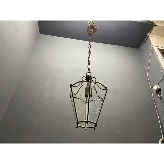 Vintage Brass Etched Glass Latern Pendant Light, 1950s For Sale - Image 4 of 9